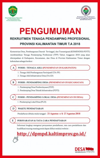 Lowongan Kerja Tenaga Pendamping Profesional P3MD Provinsi Kaltim TA 2018
